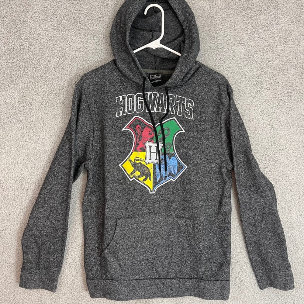 Harry Potter Mens Medium Hogwarts Houses Crest‎ Graphic Gray Hoodie Sweater